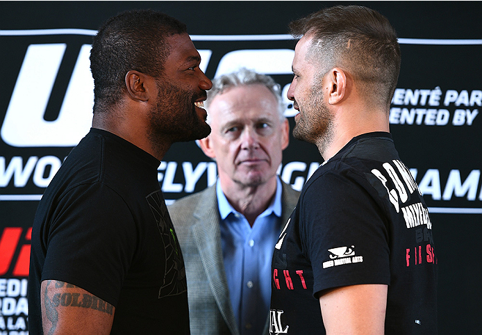 MONTREAL, QC - APRIL 23:  (L-R) Quinton 'Rampage' Jackson and Fabio Maldonado face off for the media during the UFC 186 Ultimate Media Day at Scena on April 23, 2015 in Montreal, Quebec, Canada. (Photo by Jeff Bottari/Zuffa LLC/Zuffa LLC via Getty Images)