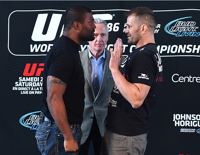 MONTREAL, QC - APRIL 23: (L-R) Quinton 'Rampage' Jackson and Fabio Maldonado face off for the media during the UFC 186 Ultimate Media Day at Scena on April 23, 2015 in Montreal, Quebec, Canada. (Photo by Jeff Bottari/Zuffa LLC/Zuffa LLC via Getty Images)