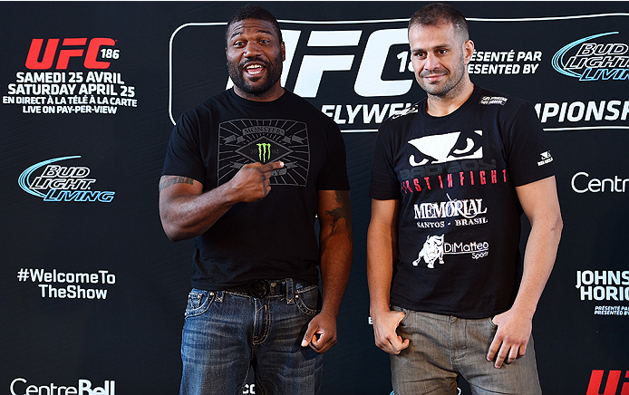 MONTREAL, QC - APRIL 23:  (L-R) Quinton 'Rampage' Jackson and Fabio Maldonado face off for the media during the UFC 186 Ultimate Media Day at Scena on April 23, 2015 in Montreal, Quebec, Canada. (Photo by Jeff Bottari/Zuffa LLC/Zuffa LLC via Getty Images)