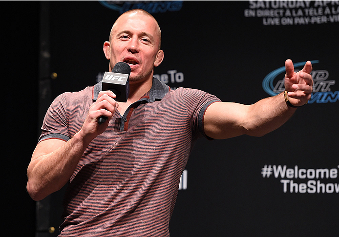 MONTREAL, QC - APRIL 24:   Former UFC welterweight champion Georges St-Pierre interacts with fans during a Q&A session before the UFC 186 weigh-in at Metropolis on April 24, 2015 in Montreal, Quebec, Canada. (Photo by Josh Hedges/Zuffa LLC/Zuffa LLC via G