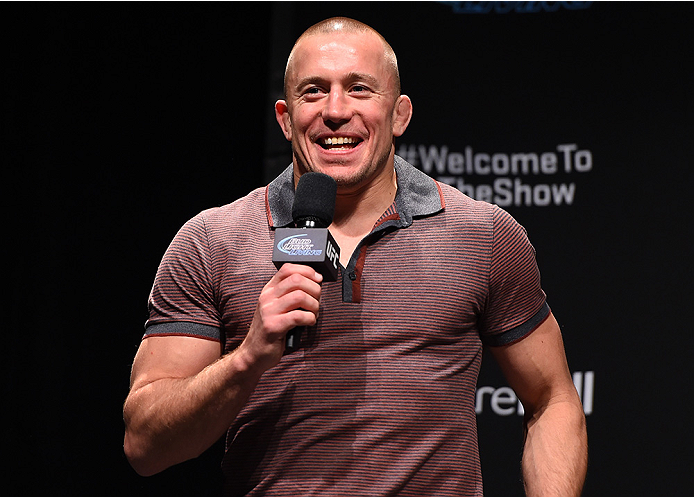 MONTREAL, QC - APRIL 24:   Former UFC welterweight champion Georges St-Pierre interacts with fans during a Q&A session before the UFC 186 weigh-in at Metropolis on April 24, 2015 in Montreal, Quebec, Canada. (Photo by Josh Hedges/Zuffa LLC/Zuffa LLC via G