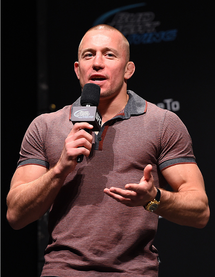 MONTREAL, QC - APRIL 24:   Former UFC welterweight champion Georges St-Pierre interacts with fans during a Q&A session before the UFC 186 weigh-in at Metropolis on April 24, 2015 in Montreal, Quebec, Canada. (Photo by Josh Hedges/Zuffa LLC/Zuffa LLC via G