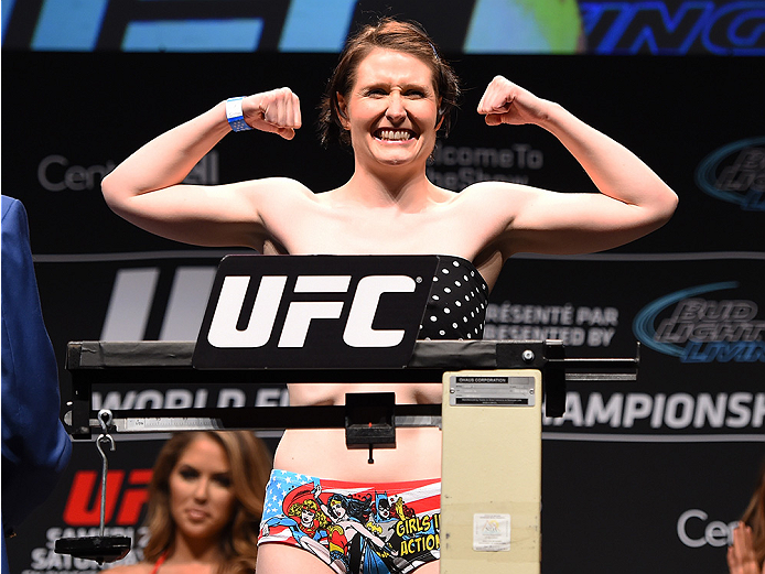 MONTREAL, QC - APRIL 24:   Aisling Daly of Ireland weighs in during the UFC 186 weigh-in at Metropolis on April 24, 2015 in Montreal, Quebec, Canada. (Photo by Josh Hedges/Zuffa LLC/Zuffa LLC via Getty Images)