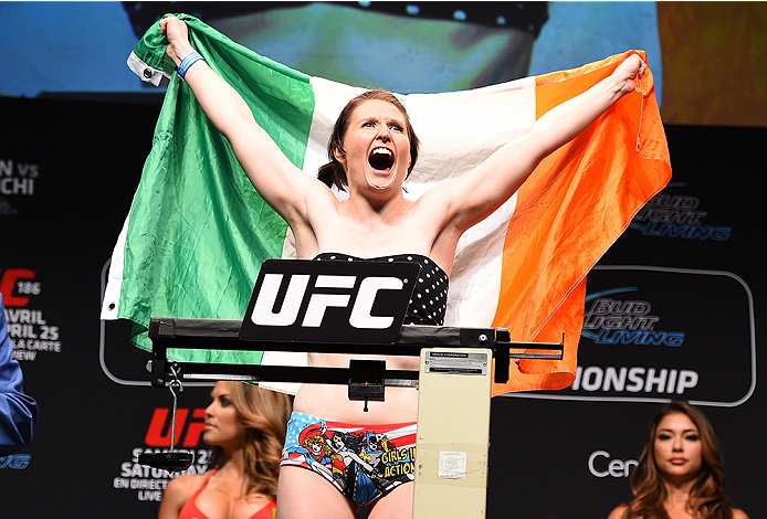 MONTREAL, QC - APRIL 24:   Aisling Daly of Ireland weighs in during the UFC 186 weigh-in at Metropolis on April 24, 2015 in Montreal, Quebec, Canada. (Photo by Josh Hedges/Zuffa LLC/Zuffa LLC via Getty Images)