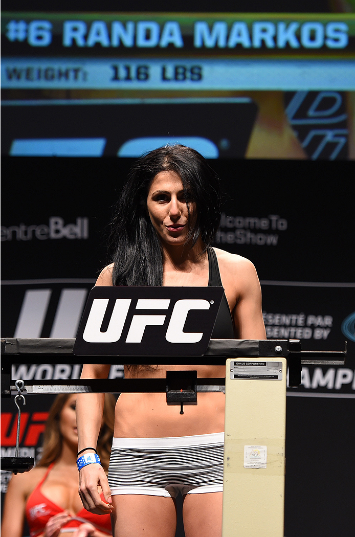 MONTREAL, QC - APRIL 24:   Randa Markos of Canada weighs in during the UFC 186 weigh-in at Metropolis on April 24, 2015 in Montreal, Quebec, Canada. (Photo by Josh Hedges/Zuffa LLC/Zuffa LLC via Getty Images)