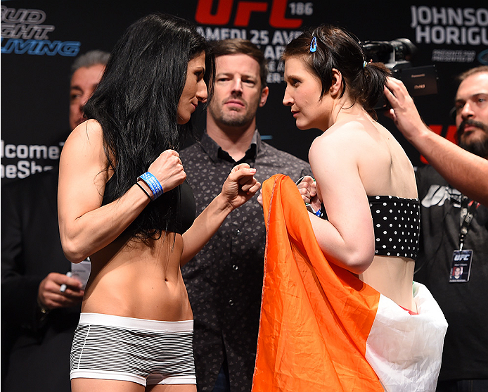 MONTREAL, QC - APRIL 24: (L-R) Opponents Randa Markos of Canada and Aisling Daly of Ireland face off during the UFC 186 weigh-in at Metropolis on April 24, 2015 in Montreal, Quebec, Canada. (Photo by Josh Hedges/Zuffa LLC/Zuffa LLC via Getty Images)