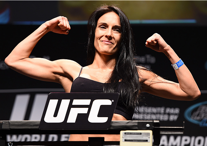 MONTREAL, QC - APRIL 24: Valerie Letourneau of Canada weighs in during the UFC 186 weigh-in at Metropolis on April 24, 2015 in Montreal, Quebec, Canada. (Photo by Josh Hedges/Zuffa LLC/Zuffa LLC via Getty Images)