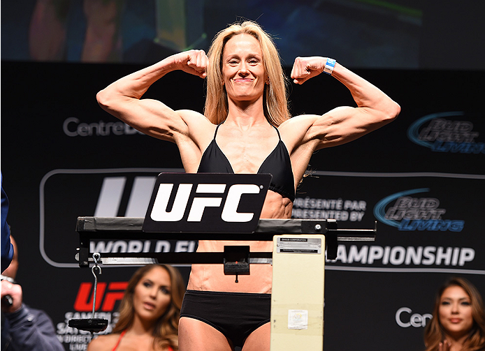 MONTREAL, QC - APRIL 24: Jessica Rakoczy of the United States weighs in during the UFC 186 weigh-in at Metropolis on April 24, 2015 in Montreal, Quebec, Canada. (Photo by Josh Hedges/Zuffa LLC/Zuffa LLC via Getty Images)