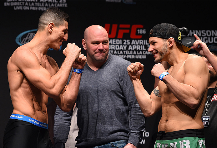 MONTREAL, QC - APRIL 24:   (L-R) Opponents Nordine Taleb of Canada and Chris Clements of Canada face off during the UFC 186 weigh-in at Metropolis on April 24, 2015 in Montreal, Quebec, Canada. (Photo by Josh Hedges/Zuffa LLC/Zuffa LLC via Getty Images)