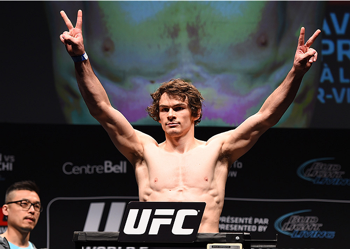 MONTREAL, QC - APRIL 24:   Olivier Aubin-Mercier of Canada weighs in during the UFC 186 weigh-in at Metropolis on April 24, 2015 in Montreal, Quebec, Canada. (Photo by Josh Hedges/Zuffa LLC/Zuffa LLC via Getty Images)