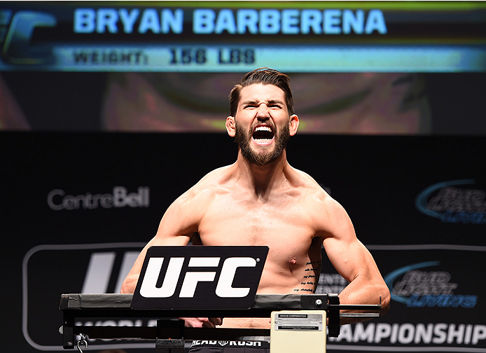 MONTREAL, QC - APRIL 24:   Bryan Barberena of the United States weighs in during the UFC 186 weigh-in at Metropolis on April 24, 2015 in Montreal, Quebec, Canada. (Photo by Josh Hedges/Zuffa LLC/Zuffa LLC via Getty Images)