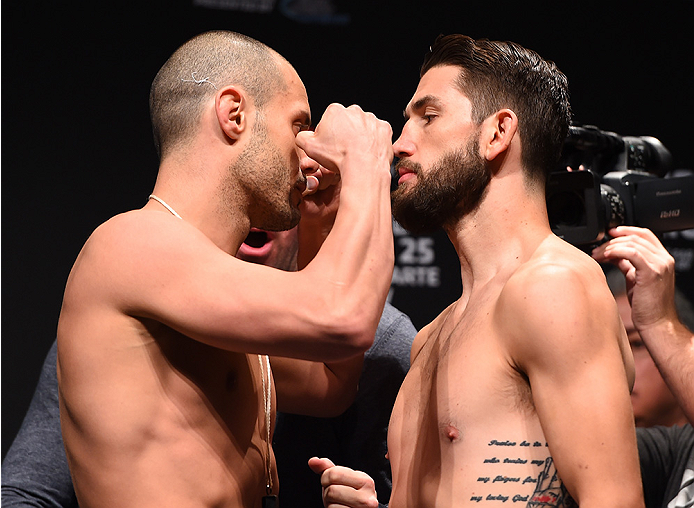 MONTREAL, QC - APRIL 24:   (L-R) Opponents Chad Laprise of Canada and Bryan Barberena of the United States face off  during the UFC 186 weigh-in at Metropolis on April 24, 2015 in Montreal, Quebec, Canada. (Photo by Josh Hedges/Zuffa LLC/Zuffa LLC via Get