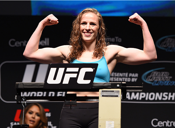 MONTREAL, QC - APRIL 24:   Sarah Kaufman of Canada weighs in during the UFC 186 weigh-in at Metropolis on April 24, 2015 in Montreal, Quebec, Canada. (Photo by Josh Hedges/Zuffa LLC/Zuffa LLC via Getty Images)