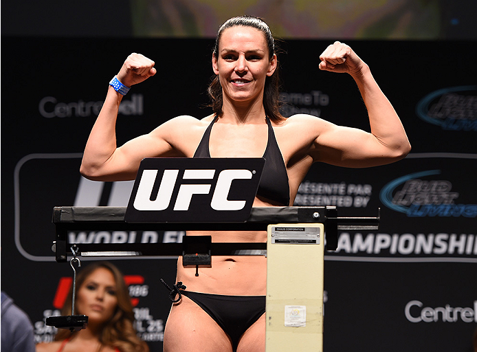 MONTREAL, QC - APRIL 24:   Alexis Davis of Canada weighs in  during the UFC 186 weigh-in at Metropolis on April 24, 2015 in Montreal, Quebec, Canada. (Photo by Josh Hedges/Zuffa LLC/Zuffa LLC via Getty Images)