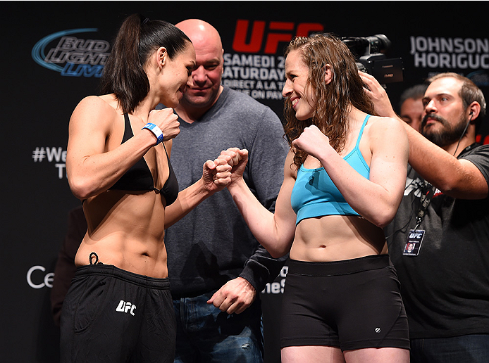 MONTREAL, QC - APRIL 24:   (L-R) Opponents Alexis Davis of Canada and Sarah Kaufman of Canada face off during the UFC 186 weigh-in at Metropolis on April 24, 2015 in Montreal, Quebec, Canada. (Photo by Josh Hedges/Zuffa LLC/Zuffa LLC via Getty Images)