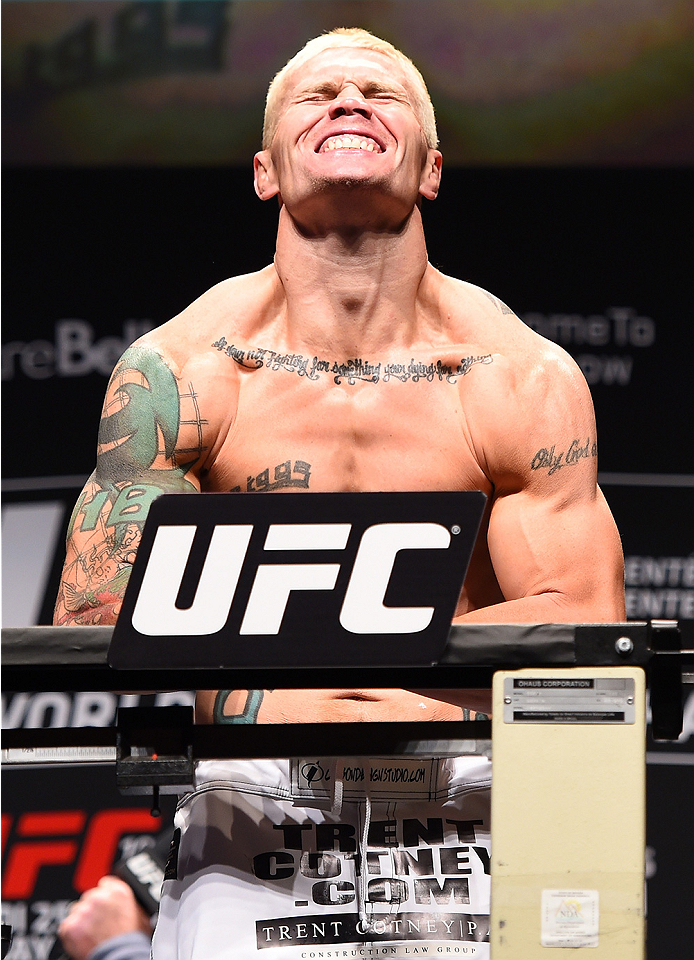 MONTREAL, QC - APRIL 24:   Joe Riggs of the United Sates weighs in during the UFC 186 weigh-in at Metropolis on April 24, 2015 in Montreal, Quebec, Canada. (Photo by Josh Hedges/Zuffa LLC/Zuffa LLC via Getty Images)