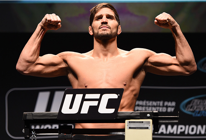 MONTREAL, QC - APRIL 24:   Patrick Cote of Canada weighs in during the UFC 186 weigh-in at Metropolis on April 24, 2015 in Montreal, Quebec, Canada. (Photo by Josh Hedges/Zuffa LLC/Zuffa LLC via Getty Images)