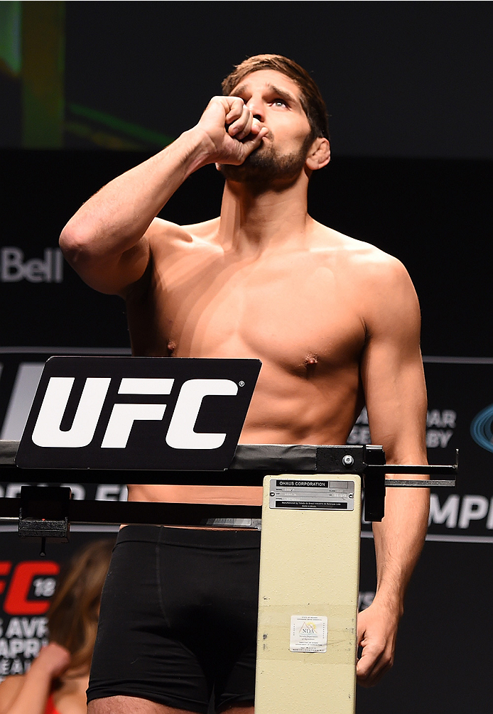 MONTREAL, QC - APRIL 24:   Patrick Cote of Canada weighs in during the UFC 186 weigh-in at Metropolis on April 24, 2015 in Montreal, Quebec, Canada. (Photo by Josh Hedges/Zuffa LLC/Zuffa LLC via Getty Images)