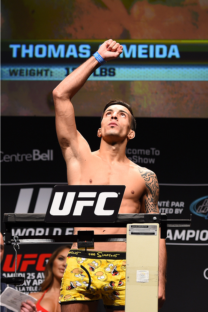 MONTREAL, QC - APRIL 24:   Thomas Almeida of Brazil weighs in during the UFC 186 weigh-in at Metropolis on April 24, 2015 in Montreal, Quebec, Canada. (Photo by Josh Hedges/Zuffa LLC/Zuffa LLC via Getty Images)