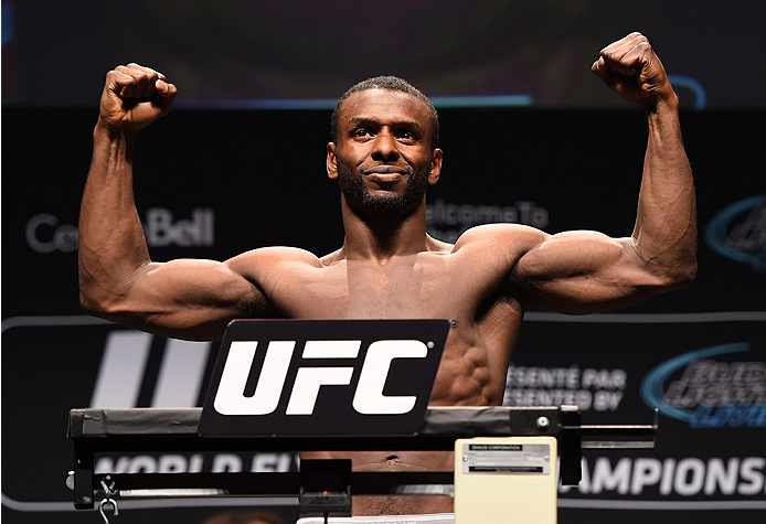 MONTREAL, QC - APRIL 24:   Yves Jabouin of Canada weighs in during the UFC 186 weigh-in at Metropolis on April 24, 2015 in Montreal, Quebec, Canada. (Photo by Josh Hedges/Zuffa LLC/Zuffa LLC via Getty Images)