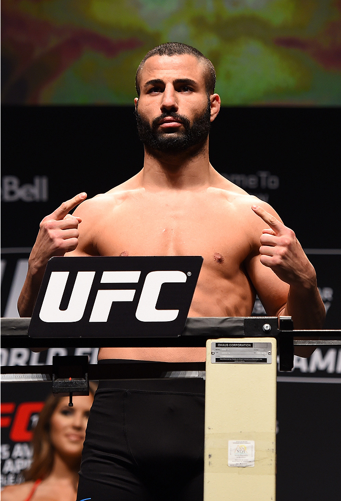 MONTREAL, QC - APRIL 24:   John Makdessi of Canada weighs in during the UFC 186 weigh-in at Metropolis on April 24, 2015 in Montreal, Quebec, Canada. (Photo by Josh Hedges/Zuffa LLC/Zuffa LLC via Getty Images)