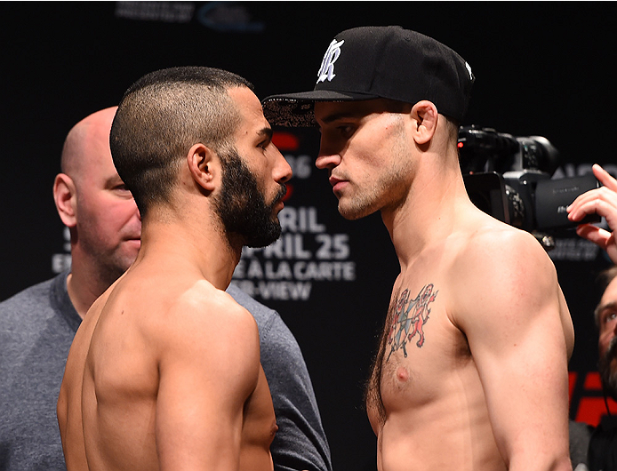 MONTREAL, QC - APRIL 24:   (L-R) Opponents John Makdessi of Canada and Shane Campbell of Canada face off during the UFC 186 weigh-in at Metropolis on April 24, 2015 in Montreal, Quebec, Canada. (Photo by Josh Hedges/Zuffa LLC/Zuffa LLC via Getty Images)