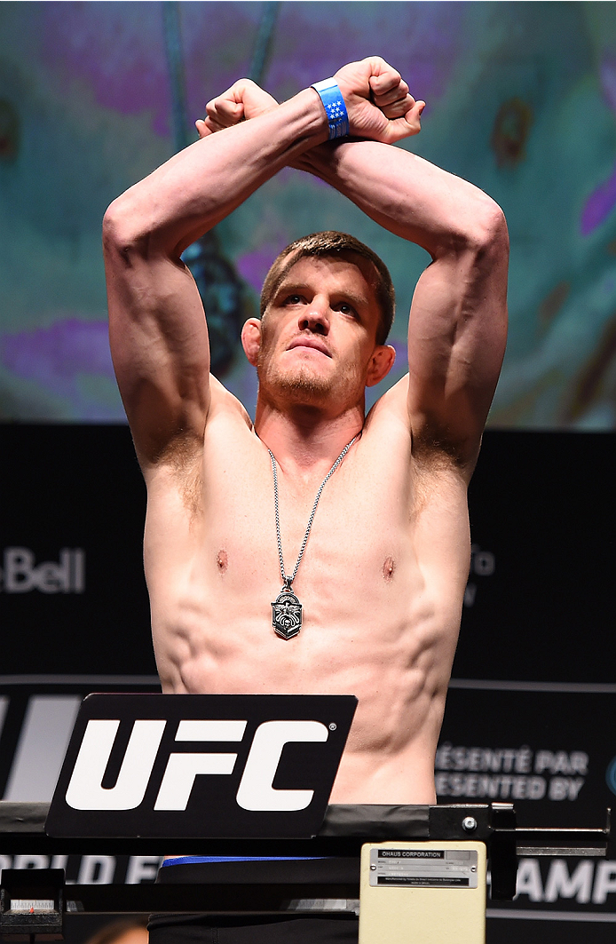 MONTREAL, QC - APRIL 24:   CB Dolloway of the United States weighs in during the UFC 186 weigh-in at Metropolis on April 24, 2015 in Montreal, Quebec, Canada. (Photo by Josh Hedges/Zuffa LLC/Zuffa LLC via Getty Images)