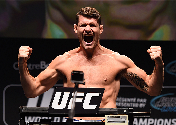 MONTREAL, QC - APRIL 24:   Michael Bisping of England weighs in during the UFC 186 weigh-in at Metropolis on April 24, 2015 in Montreal, Quebec, Canada. (Photo by Josh Hedges/Zuffa LLC/Zuffa LLC via Getty Images)