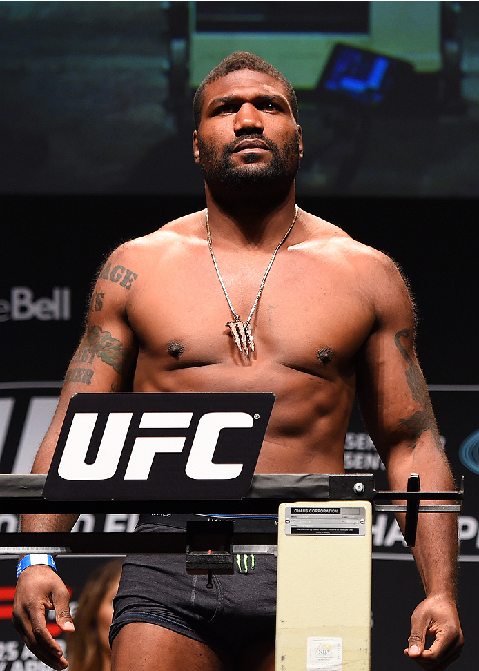 MONTREAL, QC - APRIL 24:   Quinton 'Rampage' Jackson of the United States weighs in during the UFC 186 weigh-in at Metropolis on April 24, 2015 in Montreal, Quebec, Canada. (Photo by Josh Hedges/Zuffa LLC/Zuffa LLC via Getty Images)