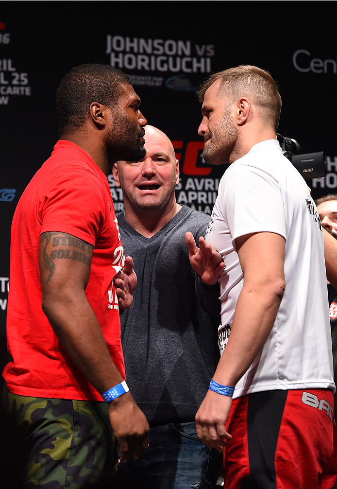 MONTREAL, QC - APRIL 24:   (L-R) Opponents Quinton 'Rampage' Jackson of the United States and Fabio Maldonado of Brazil face off during the UFC 186 weigh-in at Metropolis on April 24, 2015 in Montreal, Quebec, Canada. (Photo by Josh Hedges/Zuffa LLC/Zuffa