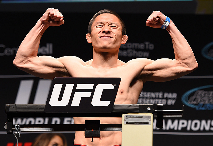 MONTREAL, QC - APRIL 24:   Kyoji Horiguchi of Japan weighs in during the UFC 186 weigh-in at Metropolis on April 24, 2015 in Montreal, Quebec, Canada. (Photo by Josh Hedges/Zuffa LLC/Zuffa LLC via Getty Images)