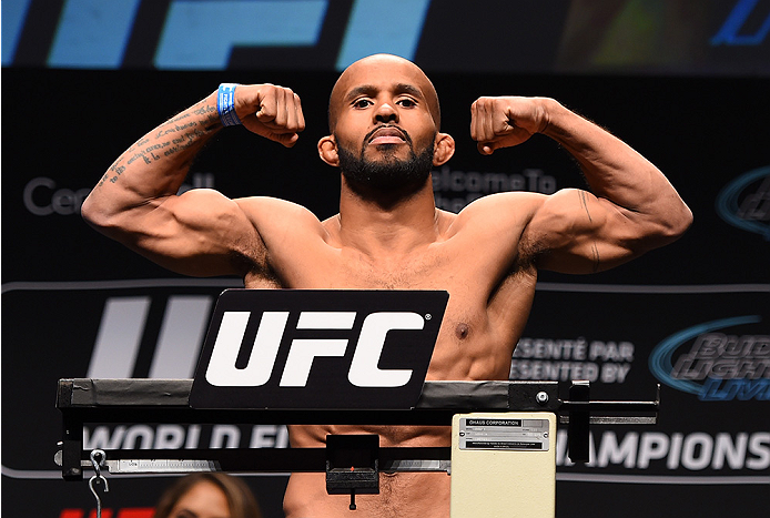 MONTREAL, QC - APRIL 24:   UFC flyweight champion Demetrious Johnson of the United States weighs in during the UFC 186 weigh-in at Metropolis on April 24, 2015 in Montreal, Quebec, Canada. (Photo by Josh Hedges/Zuffa LLC/Zuffa LLC via Getty Images)