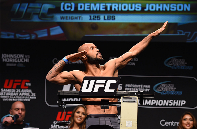 MONTREAL, QC - APRIL 24:   UFC flyweight champion Demetrious Johnson of the United States weighs in during the UFC 186 weigh-in at Metropolis on April 24, 2015 in Montreal, Quebec, Canada. (Photo by Josh Hedges/Zuffa LLC/Zuffa LLC via Getty Images)