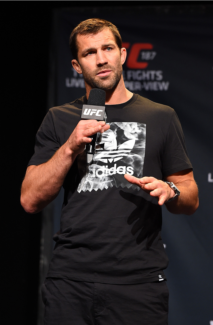 LAS VEGAS, NV - MAY 22:   UFC middleweight contender Luke Rockhold interacts with fans during a Q&A session before the UFC 187 weigh-in at the MGM Grand Conference Center on May 2, 2015 in Las Vegas, Nevada. (Photo by Josh Hedges/Zuffa LLC/Zuffa LLC via G