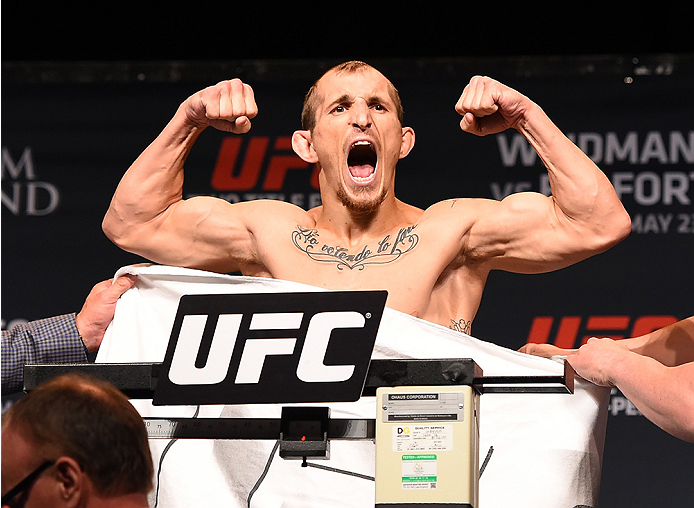 LAS VEGAS, NV - MAY 22:  Joshua Sampo weighs in during the UFC 187 weigh-in at the MGM Grand Conference Center on May 22, 2015 in Las Vegas, Nevada. (Photo by Josh Hedges/Zuffa LLC/Zuffa LLC via Getty Images)