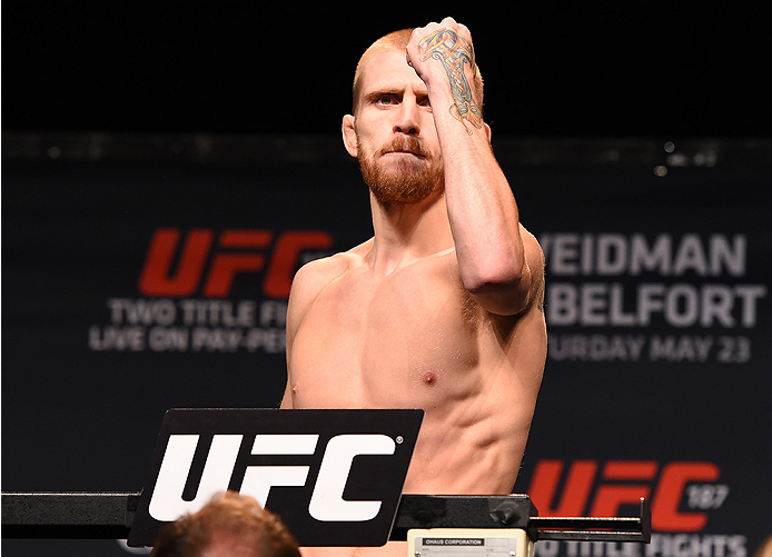 LAS VEGAS, NV - MAY 22:  Justin Scoggins weighs in during the UFC 187 weigh-in at the MGM Grand Conference Center on May 22, 2015 in Las Vegas, Nevada. (Photo by Josh Hedges/Zuffa LLC/Zuffa LLC via Getty Images)