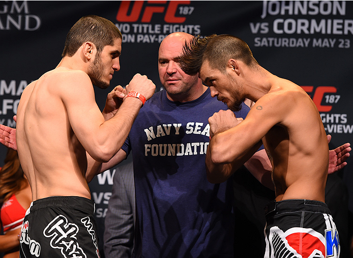 LAS VEGAS, NV - MAY 22:  (L-R) Opponents Islam Makhachev of Russia and Leo Kuntz face off during the UFC 187 weigh-in at the MGM Grand Conference Center on May 22, 2015 in Las Vegas, Nevada. (Photo by Josh Hedges/Zuffa LLC/Zuffa LLC via Getty Images)