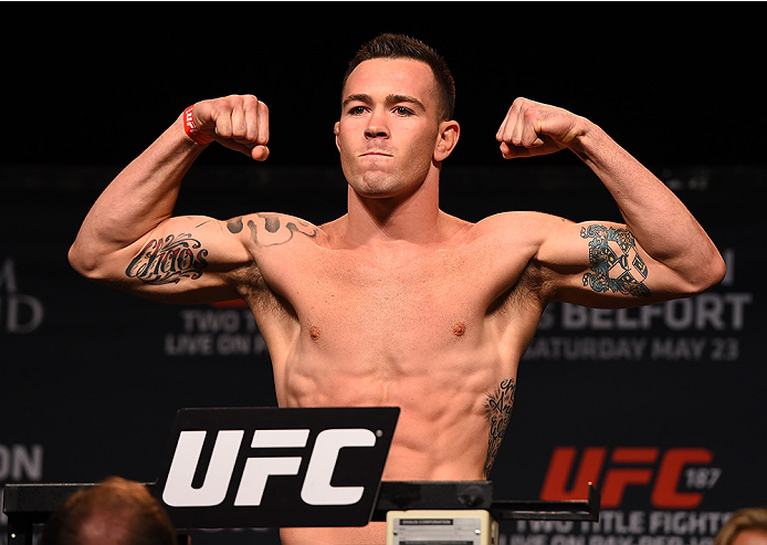 LAS VEGAS, NV - MAY 22:   Colby Covington weighs in during the UFC 187 weigh-in at the MGM Grand Conference Center on May 22, 2015 in Las Vegas, Nevada. (Photo by Josh Hedges/Zuffa LLC/Zuffa LLC via Getty Images)