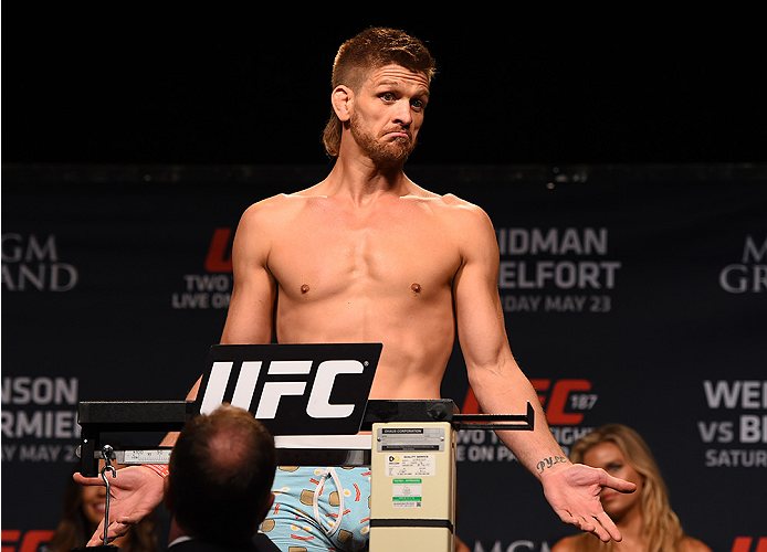 LAS VEGAS, NV - MAY 22:   Mike Pyle weighs in during the UFC 187 weigh-in at the MGM Grand Conference Center on May 22, 2015 in Las Vegas, Nevada. (Photo by Josh Hedges/Zuffa LLC/Zuffa LLC via Getty Images)