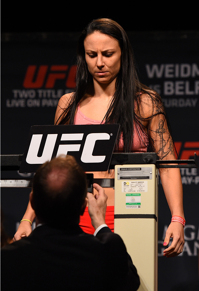 LAS VEGAS, NV - MAY 22:   Nina Ansaroff weighs in during the UFC 187 weigh-in at the MGM Grand Conference Center on May 22, 2015 in Las Vegas, Nevada. (Photo by Josh Hedges/Zuffa LLC/Zuffa LLC via Getty Images)