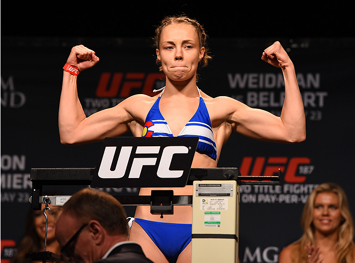 LAS VEGAS, NV - MAY 22:   Rose Namajunas weighs in during the UFC 187 weigh-in at the MGM Grand Conference Center on May 22, 2015 in Las Vegas, Nevada. (Photo by Josh Hedges/Zuffa LLC/Zuffa LLC via Getty Images)