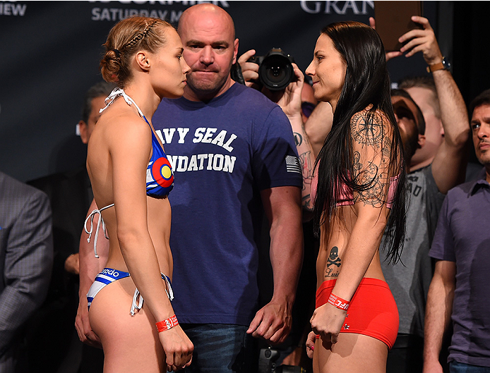 LAS VEGAS, NV - MAY 22:   (L-R) Opponents Rose Namajunas and Nina Ansaroff face off during the UFC 187 weigh-in at the MGM Grand Conference Center on May 22, 2015 in Las Vegas, Nevada. (Photo by Josh Hedges/Zuffa LLC/Zuffa LLC via Getty Images)