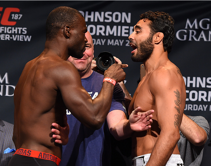 LAS VEGAS, NV - MAY 22:   (L-R) Opponents Uriah Hall of Jamaica and Rafael Natal of Brazil face off during the UFC 187 weigh-in at the MGM Grand Conference Center on May 22, 2015 in Las Vegas, Nevada. (Photo by Josh Hedges/Zuffa LLC/Zuffa LLC via Getty Im