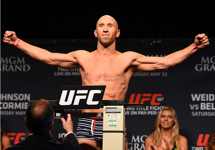 LAS VEGAS, NV - MAY 22:   Josh Burkman weighs in during the UFC 187 weigh-in at the MGM Grand Conference Center on May 22, 2015 in Las Vegas, Nevada. (Photo by Josh Hedges/Zuffa LLC/Zuffa LLC via Getty Images)