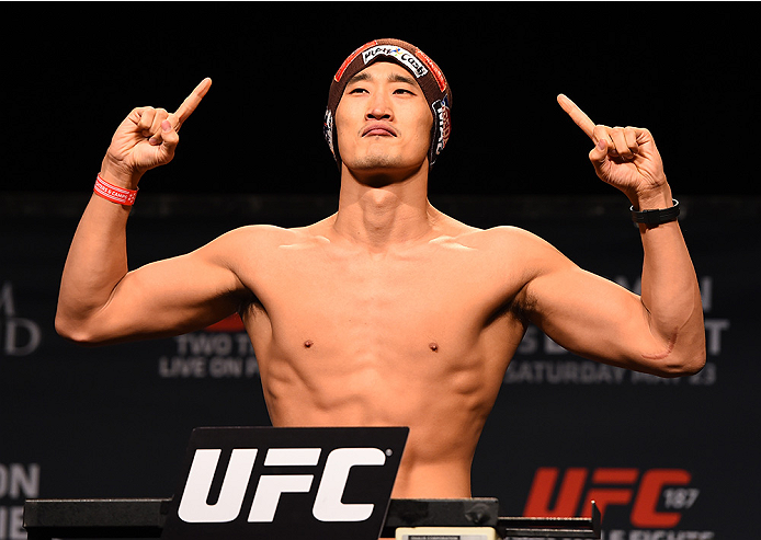 LAS VEGAS, NV - MAY 22:   Dong Hyun Kim of South Korea weighs in during the UFC 187 weigh-in at the MGM Grand Conference Center on May 22, 2015 in Las Vegas, Nevada. (Photo by Josh Hedges/Zuffa LLC/Zuffa LLC via Getty Images)