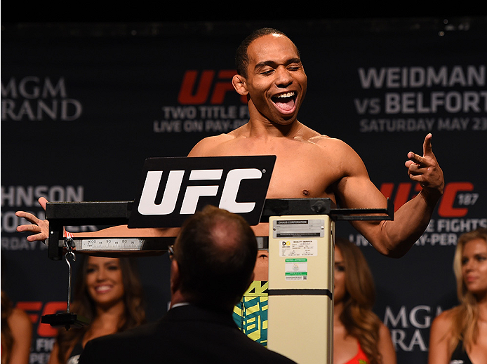 LAS VEGAS, NV - MAY 22:   John Dodson weighs in during the UFC 187 weigh-in at the MGM Grand Conference Center on May 22, 2015 in Las Vegas, Nevada. (Photo by Josh Hedges/Zuffa LLC/Zuffa LLC via Getty Images)