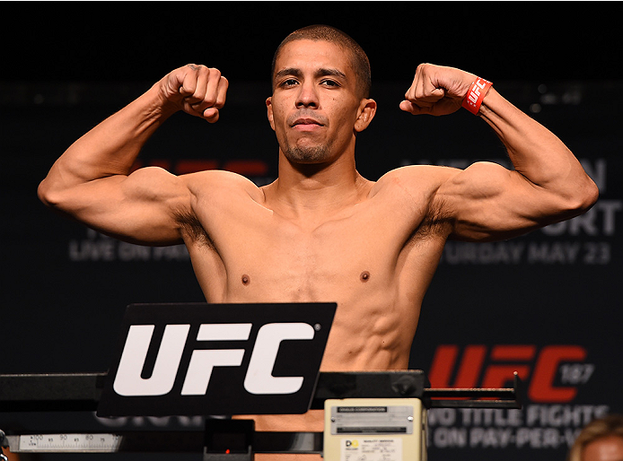 LAS VEGAS, NV - MAY 22:   John Moraga weighs in during the UFC 187 weigh-in at the MGM Grand Conference Center on May 2, 2015 in Las Vegas, Nevada. (Photo by Josh Hedges/Zuffa LLC/Zuffa LLC via Getty Images)