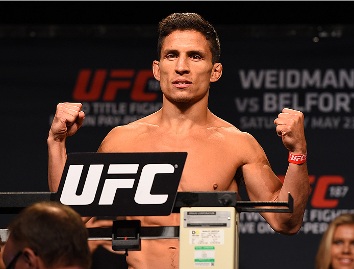 LAS VEGAS, NV - MAY 22:   Joseph Benavidez weighs in during the UFC 187 weigh-in at the MGM Grand Conference Center on May 2, 2015 in Las Vegas, Nevada. (Photo by Josh Hedges/Zuffa LLC/Zuffa LLC via Getty Images)