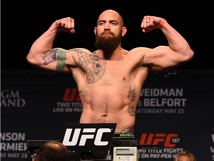 LAS VEGAS, NV - MAY 22: Travis Browne weighs in during the UFC 187 weigh-in at the MGM Grand Conference Center on May 2, 2015 in Las Vegas, Nevada. (Photo by Josh Hedges/Zuffa LLC/Zuffa LLC via Getty Images)