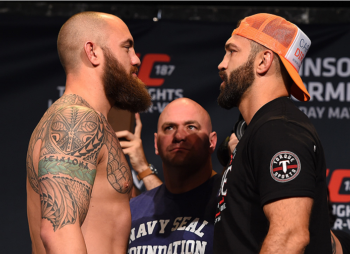 LAS VEGAS, NV - MAY 22:   (L-R) Opponents Travis Browne and Andrei Arlovski of Belarus face off during the UFC 187 weigh-in at the MGM Grand Conference Center on May 2, 2015 in Las Vegas, Nevada. (Photo by Josh Hedges/Zuffa LLC/Zuffa LLC via Getty Images)